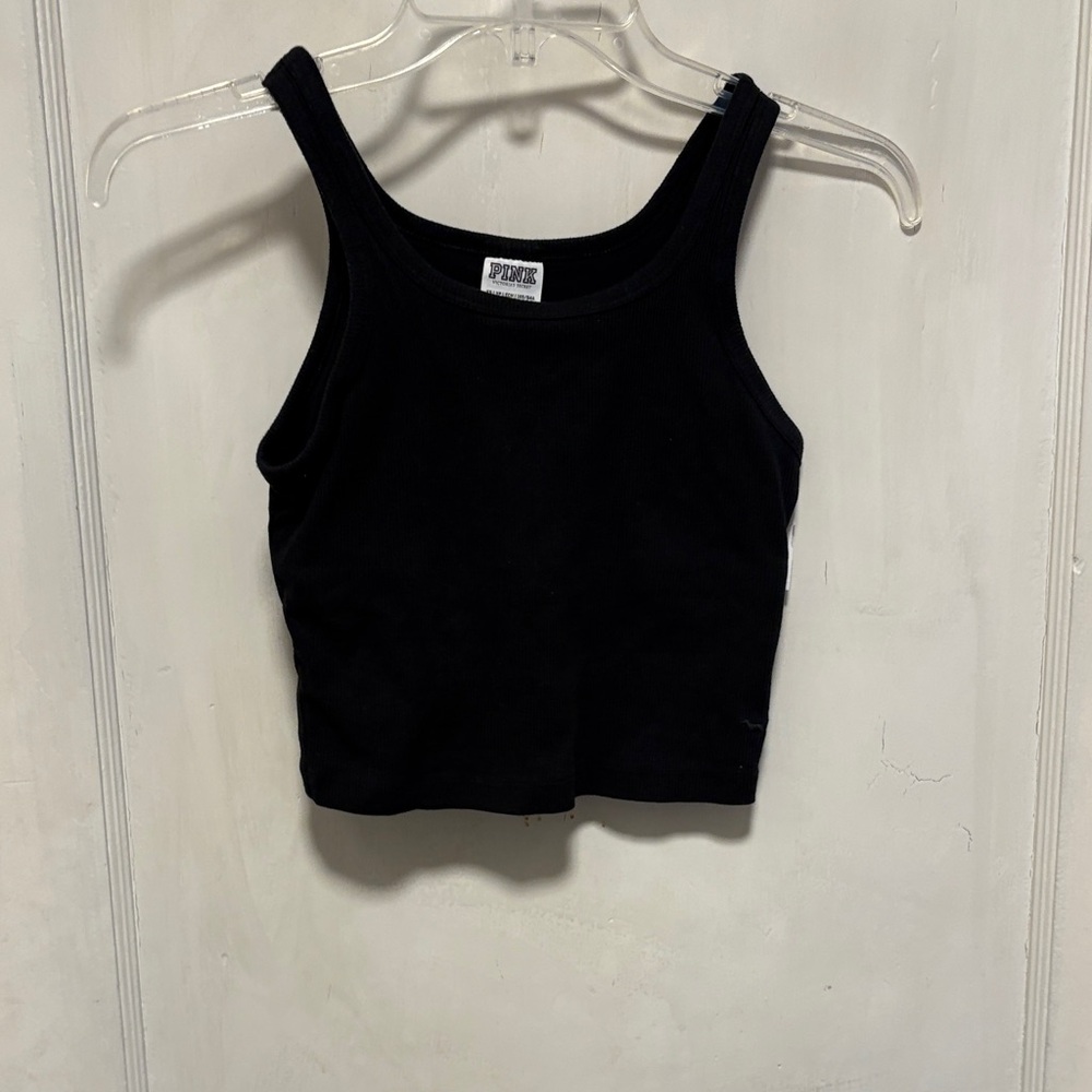 Pink Victoria Secrets Black Cropped Ribbed Tank Top with Bra Support Xsmall
